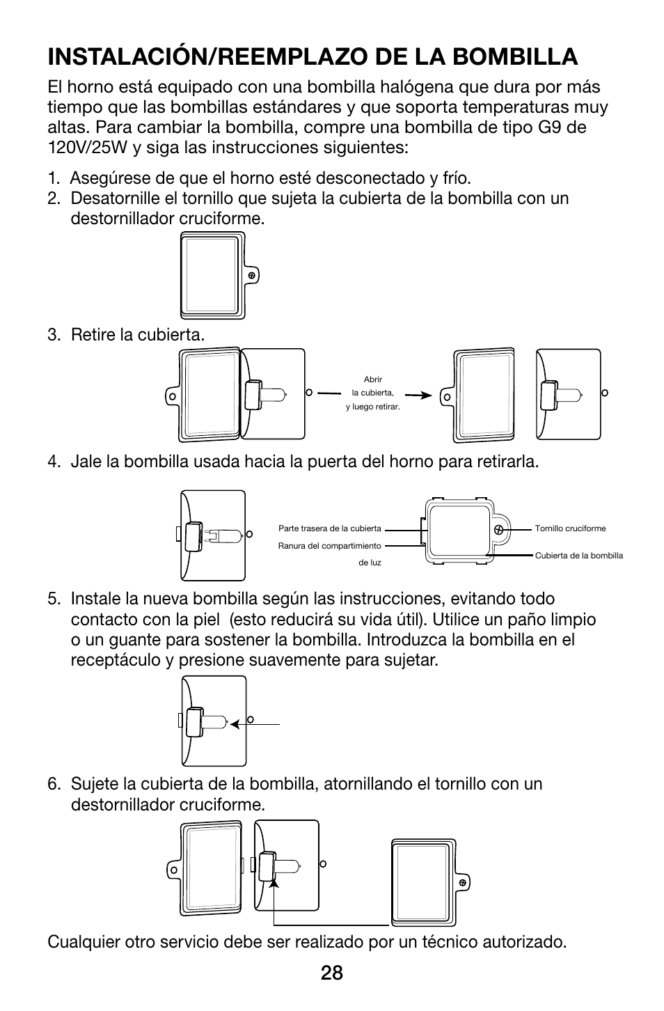 Instalación/reemplazo de la bombilla | Waring WCO500X User Manual | Page 28 / 44