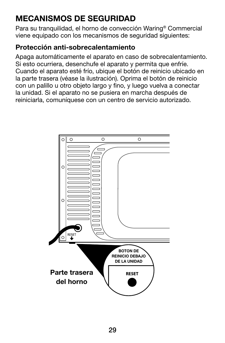 Mecanismos de seguridad, Protección anti-sobrecalentamiento, Parte trasera del horno | Waring WCO500X User Manual | Page 29 / 44