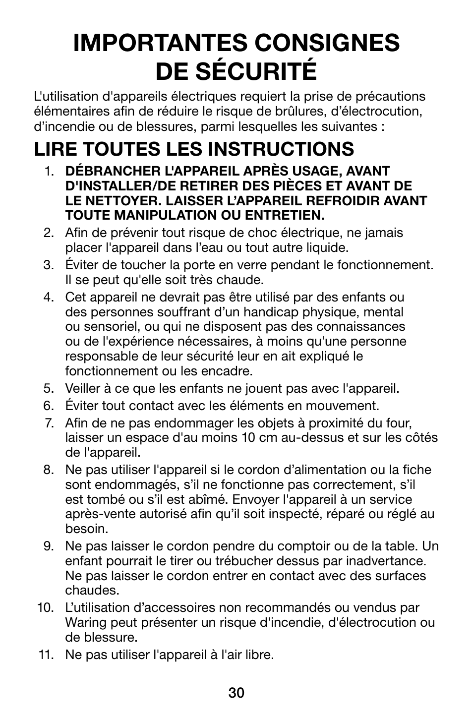 Importantes consignes de sécurité, Lire toutes les instructions | Waring WCO500X User Manual | Page 30 / 44