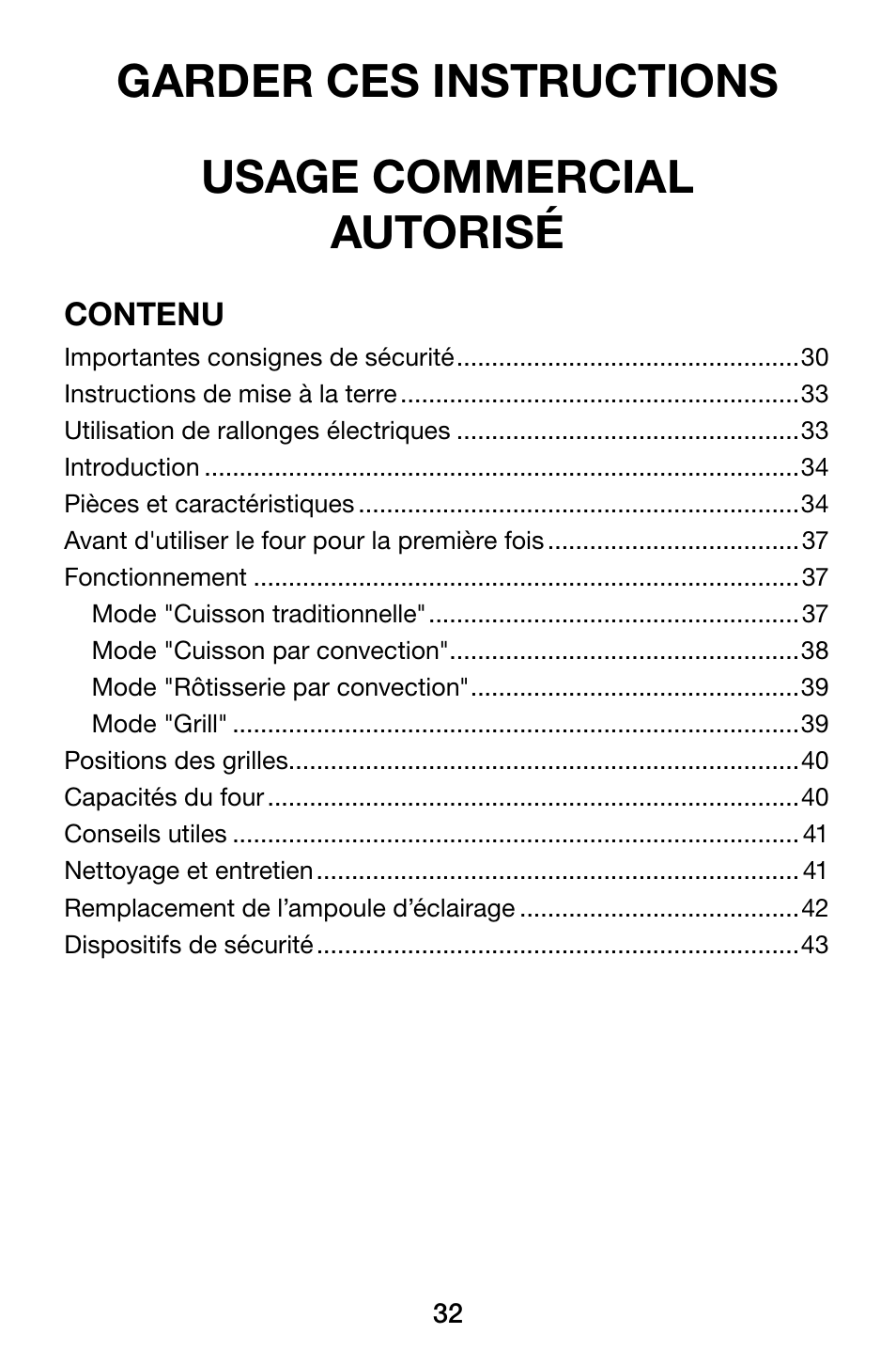Garder ces instructions usage commercial autorisé | Waring WCO500X User Manual | Page 32 / 44