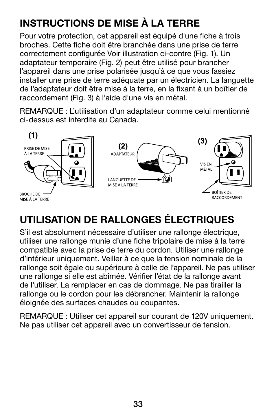 Instructions de mise à la terre, Utilisation de rallonges électriques | Waring WCO500X User Manual | Page 33 / 44