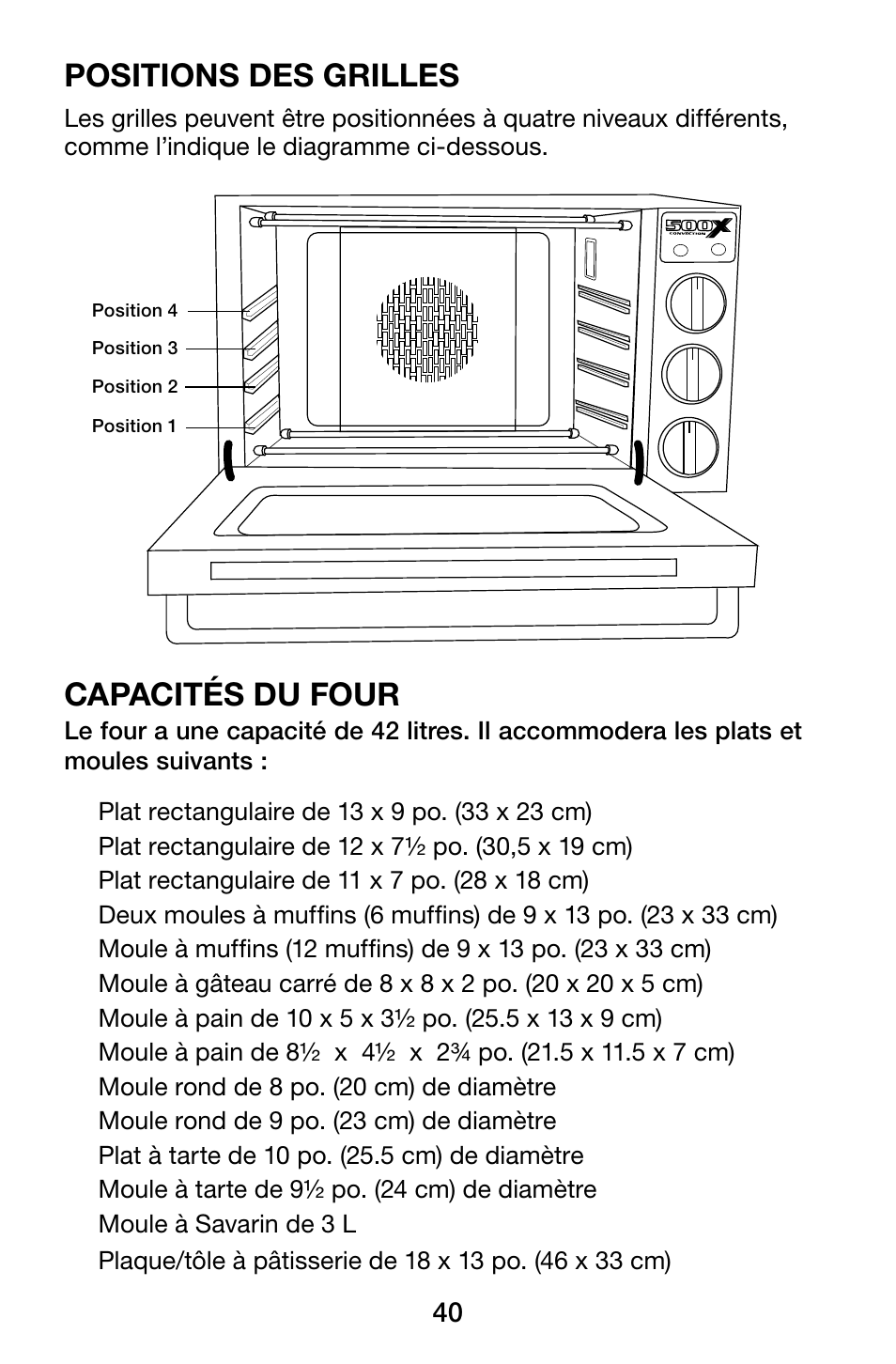 Positions des grilles, Capacités du four | Waring WCO500X User Manual | Page 40 / 44
