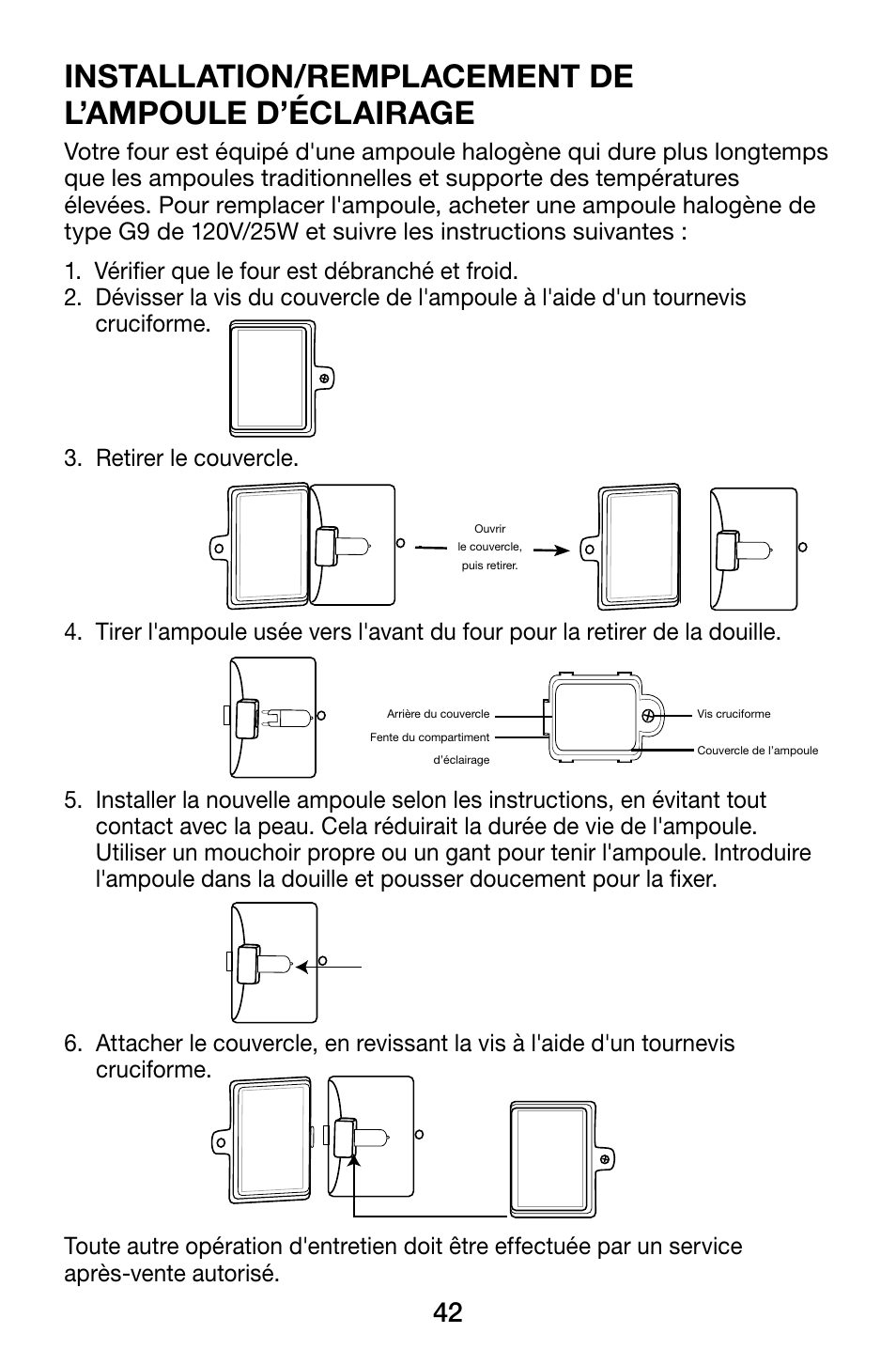 Installation/remplacement de l’ampoule d’éclairage | Waring WCO500X User Manual | Page 42 / 44