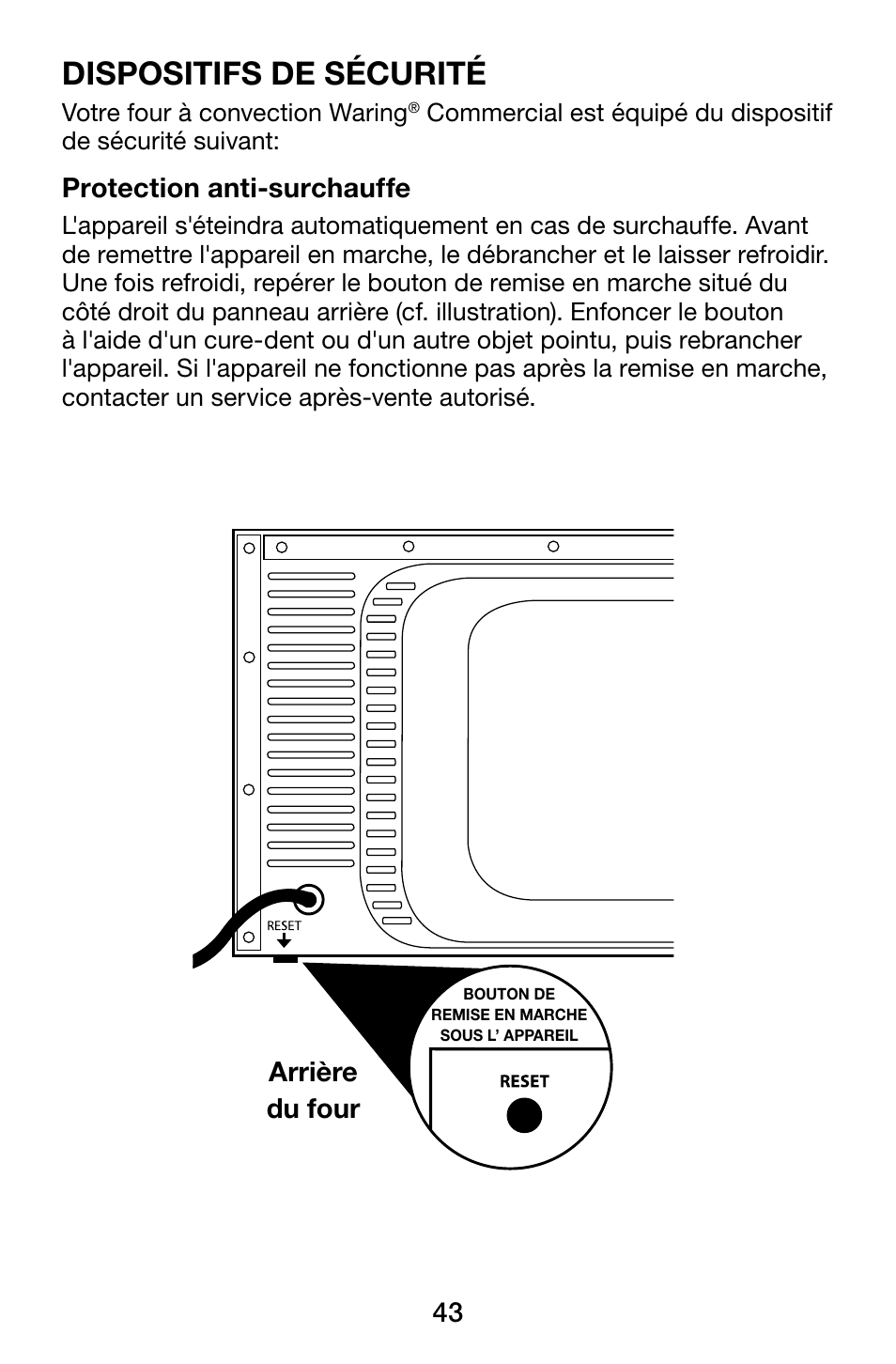 Dispositifs de sécurité, Protection anti-surchauffe, Arrière du four | Waring WCO500X User Manual | Page 43 / 44