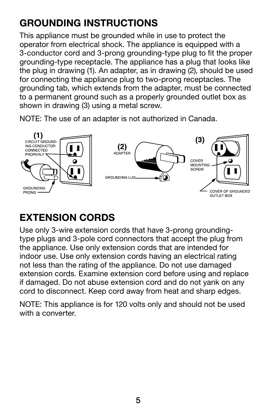 Grounding instructions, Extension cords | Waring WCO500X User Manual | Page 5 / 44
