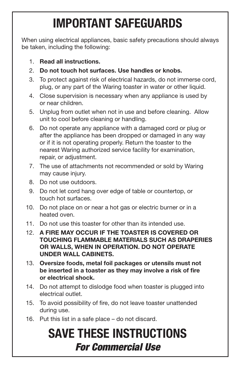 Important safeguards, Save these instructions, For commercial use | Waring WCT708 User Manual | Page 2 / 8