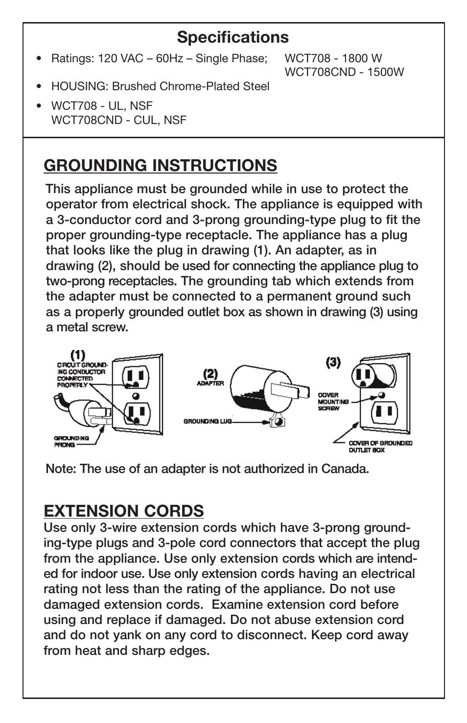 Specifications, Grounding instructions, Extension cords | Waring WCT708 User Manual | Page 4 / 8