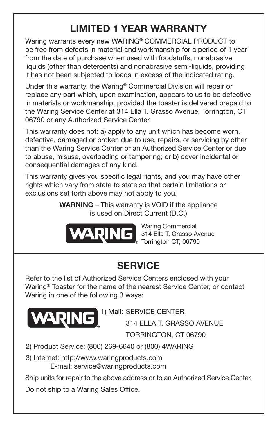 Limited 1 year warranty, Service | Waring WCT708 User Manual | Page 7 / 8