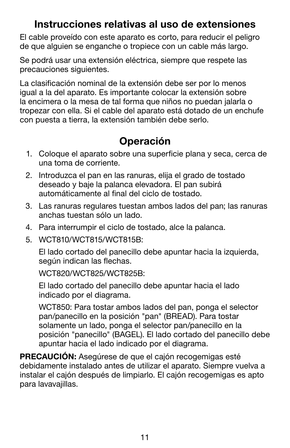 Instrucciones relativas al uso de extensiones, Operación | Waring WCT850 User Manual | Page 11 / 20