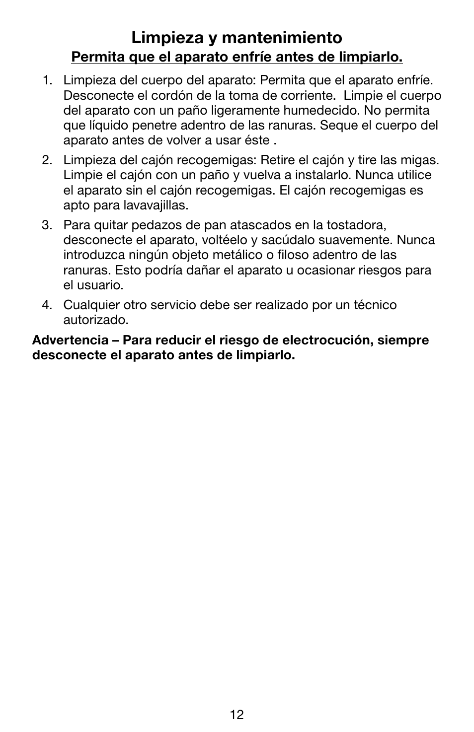 Limpieza y mantenimiento | Waring WCT850 User Manual | Page 12 / 20