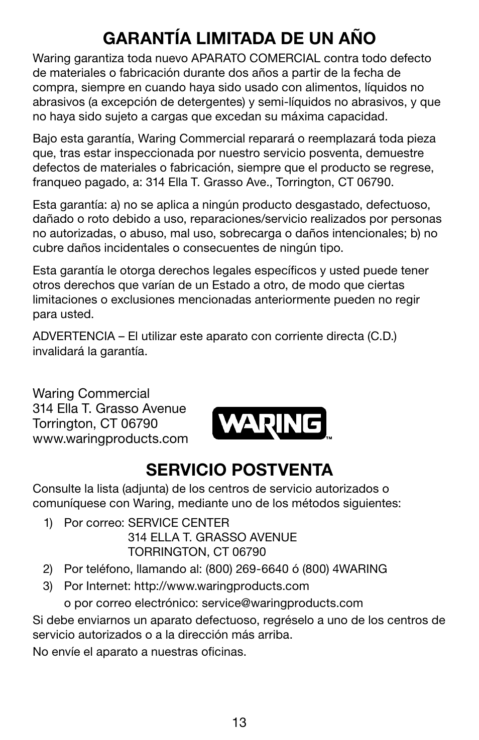 Garantía limitada de un año, Servicio postventa | Waring WCT850 User Manual | Page 13 / 20