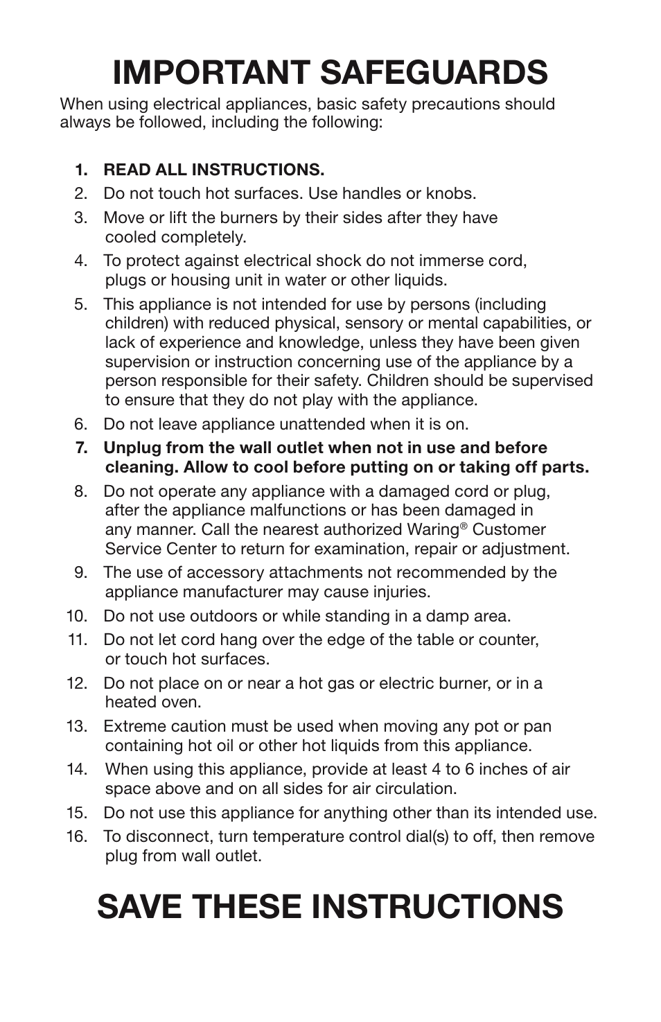 Important safeguards, Save these instructions | Waring WEB300 User Manual | Page 2 / 8