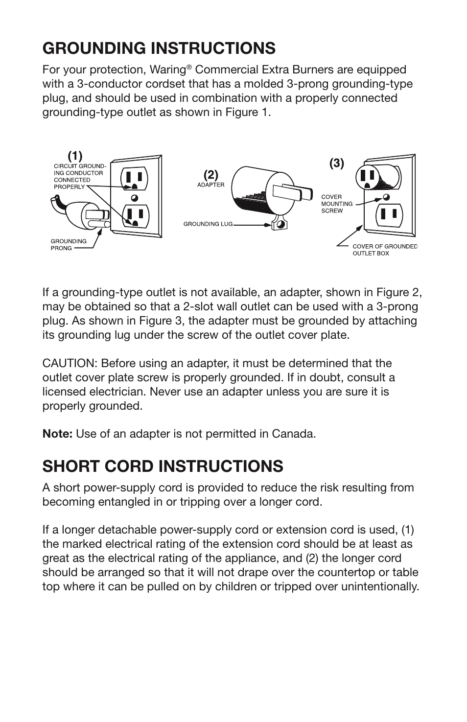 Grounding instructions, Short cord instructions | Waring WEB300 User Manual | Page 3 / 8
