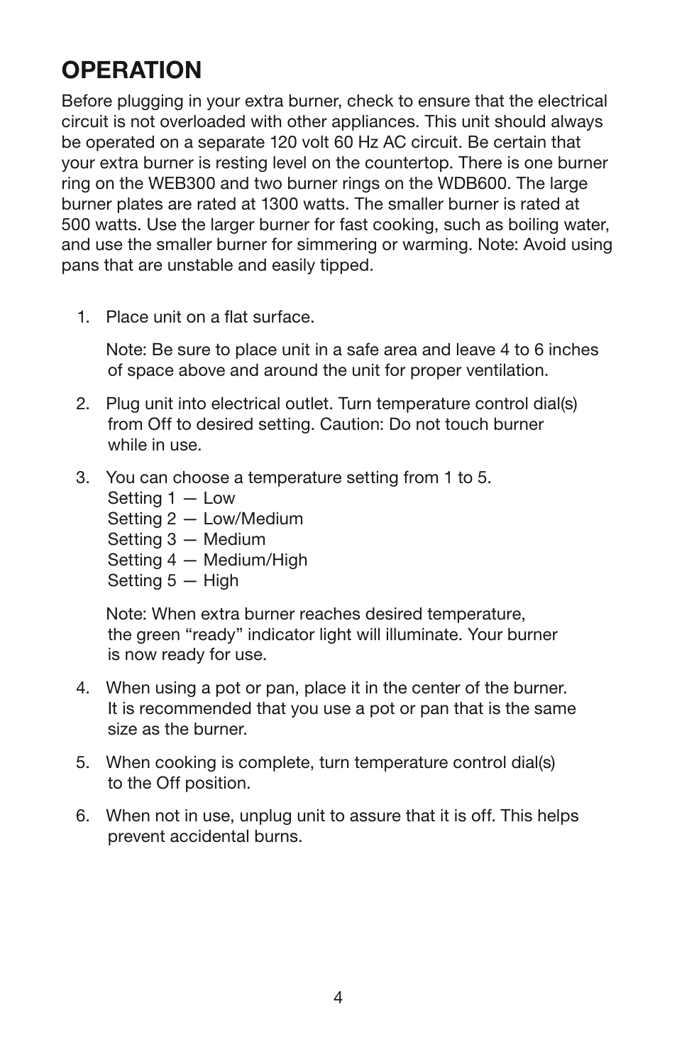 Operation | Waring WEB300 User Manual | Page 5 / 8