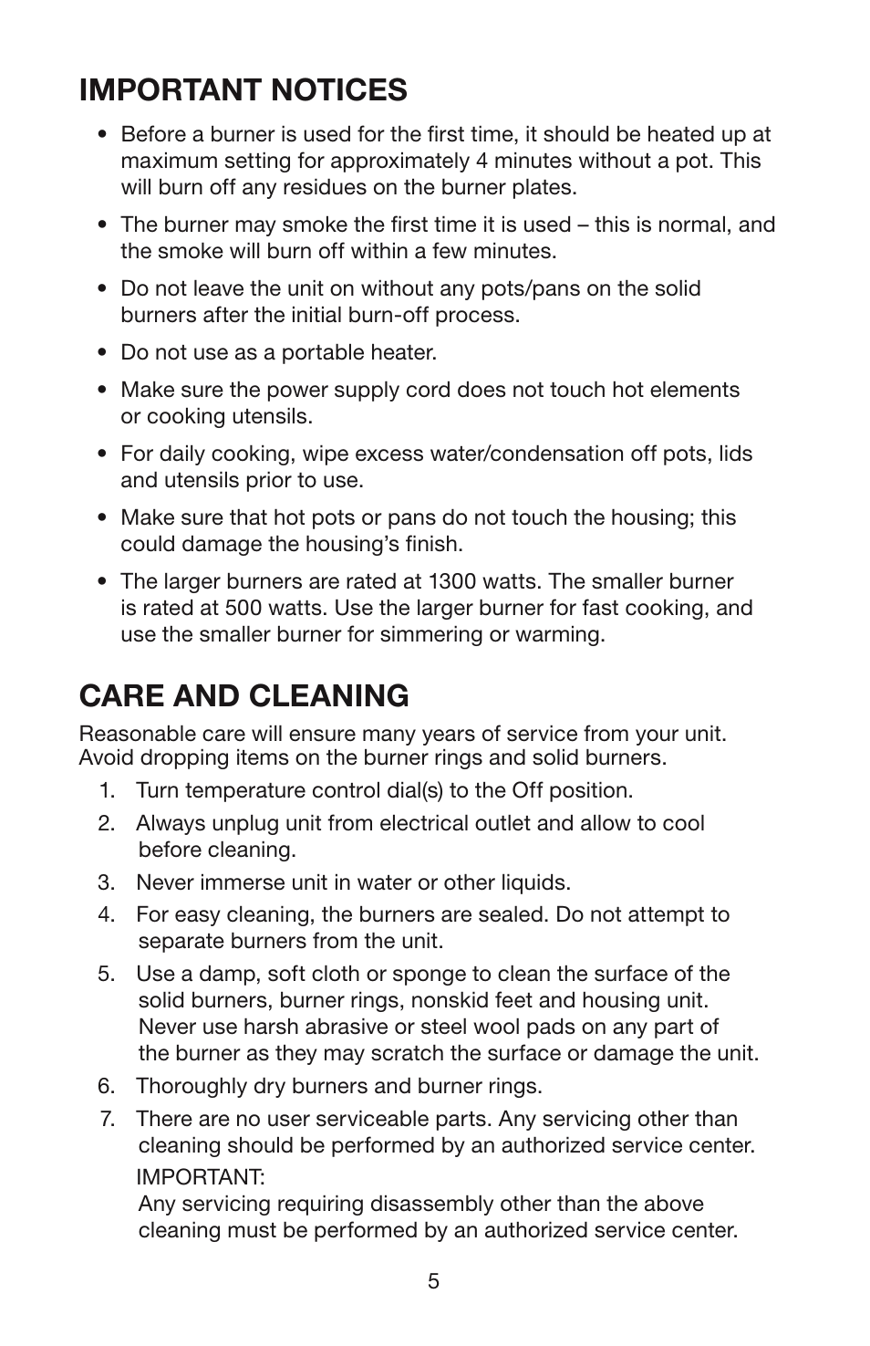 Important notices, Care and cleaning | Waring WEB300 User Manual | Page 6 / 8