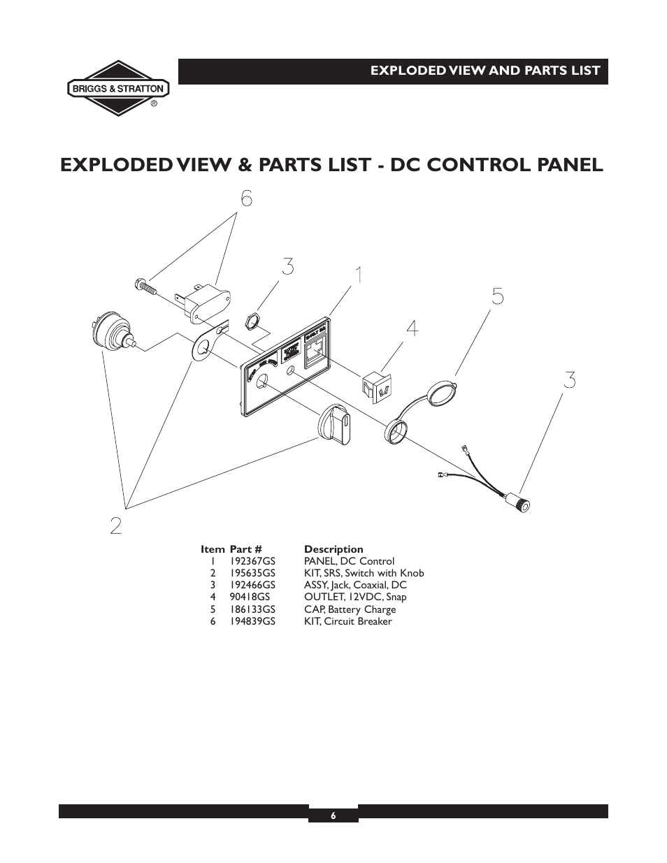 Exploded view & parts list - dc control panel | Briggs & Stratton Elite 01894-1 User Manual | Page 6 / 6
