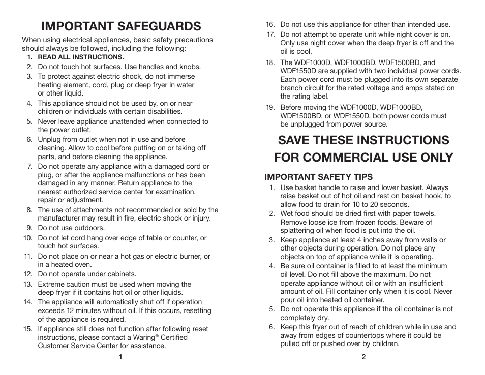 Important safeguards, Save these instructions for commercial use only | Waring WDF1550D User Manual | Page 2 / 7