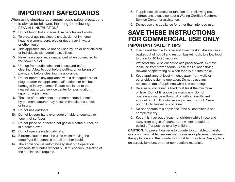 Important safeguards, Save these instructions for commercial use only | Waring WDF75RC User Manual | Page 2 / 7