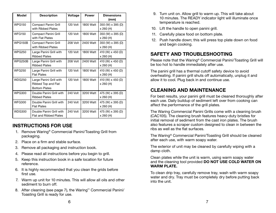 Instructions for use, Safety and troubleshooting, Cleaning and maintenance | Waring WPG300 User Manual | Page 4 / 5
