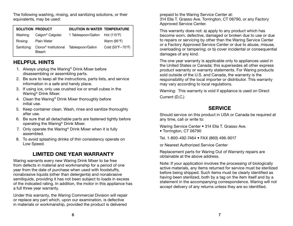 Helpful hints, Limited one year warranty, Service | Waring WDM120 User Manual | Page 4 / 11