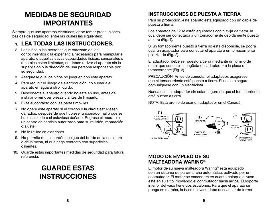 Medidas de seguridad importantes, Guarde estas instrucciones, Lea todas las instrucciones | Waring WDM120 User Manual | Page 5 / 11