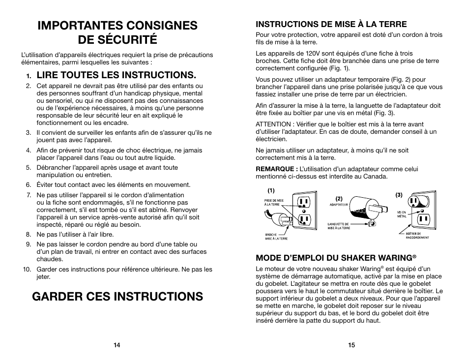 Importantes consignes de sécurité, Garder ces instructions, Lire toutes les instructions | Waring WDM120 User Manual | Page 8 / 11