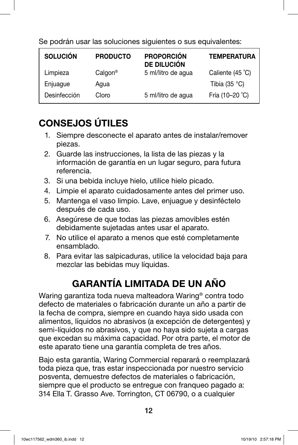 Consejos útiles, Garantía limitada de un año | Waring WDM360 User Manual | Page 12 / 20