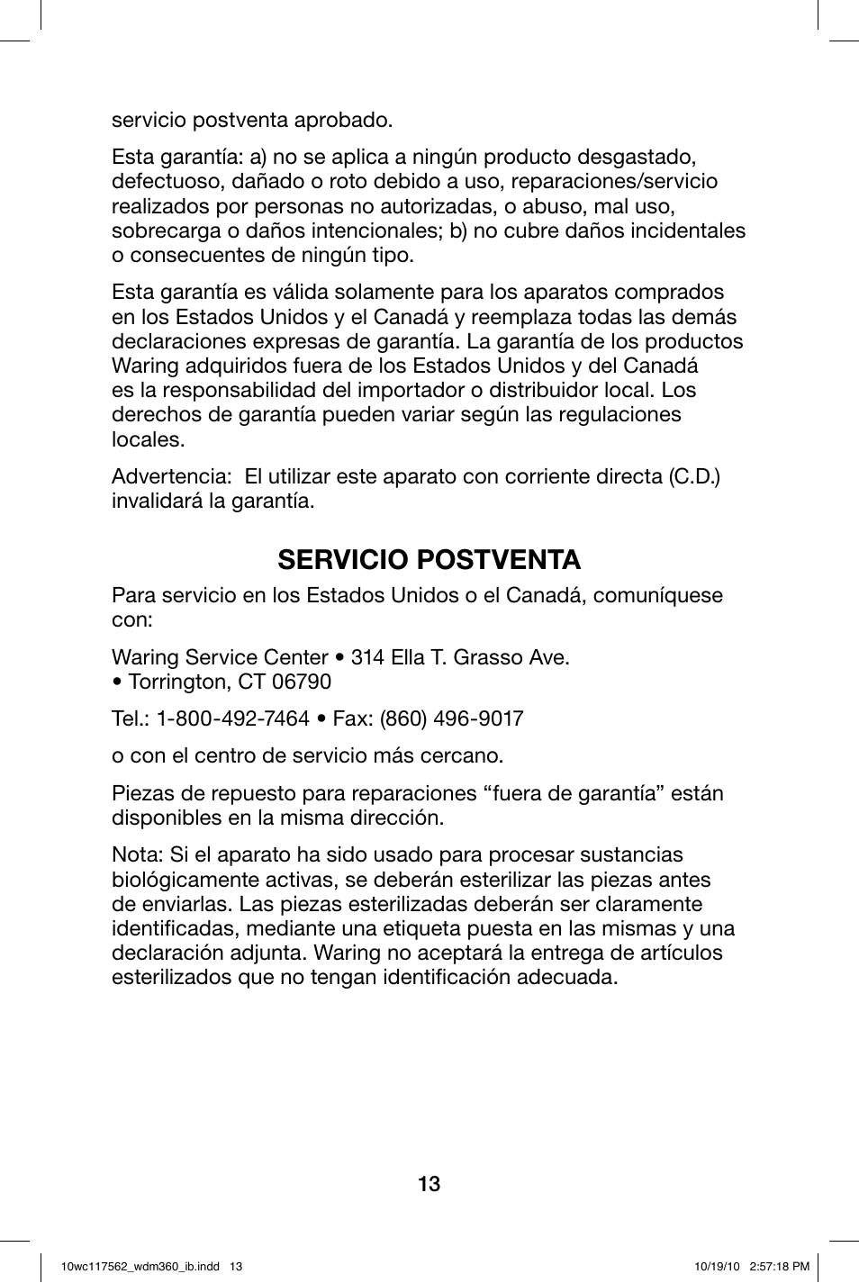 Servicio postventa | Waring WDM360 User Manual | Page 13 / 20