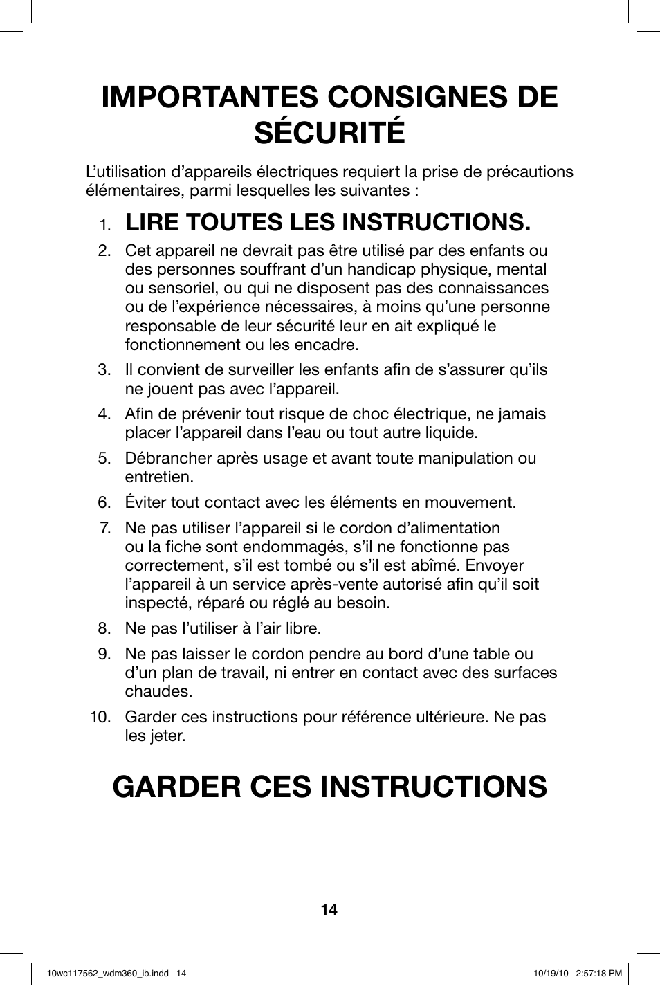 Importantes consignes de sécurité, Garder ces instructions, Lire toutes les instructions | Waring WDM360 User Manual | Page 14 / 20