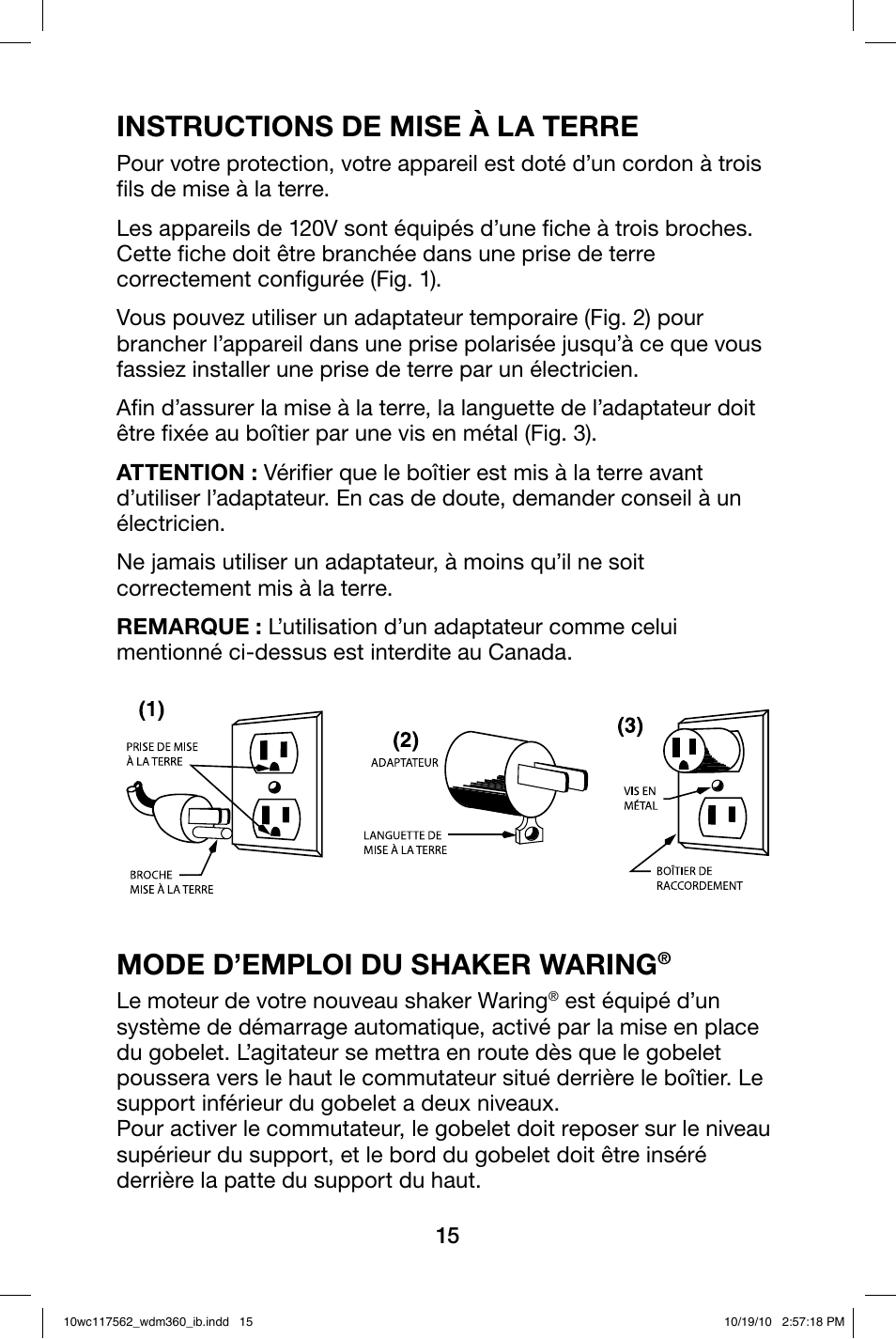 Instructions de mise à la terre, Mode d’emploi du shaker waring | Waring WDM360 User Manual | Page 15 / 20