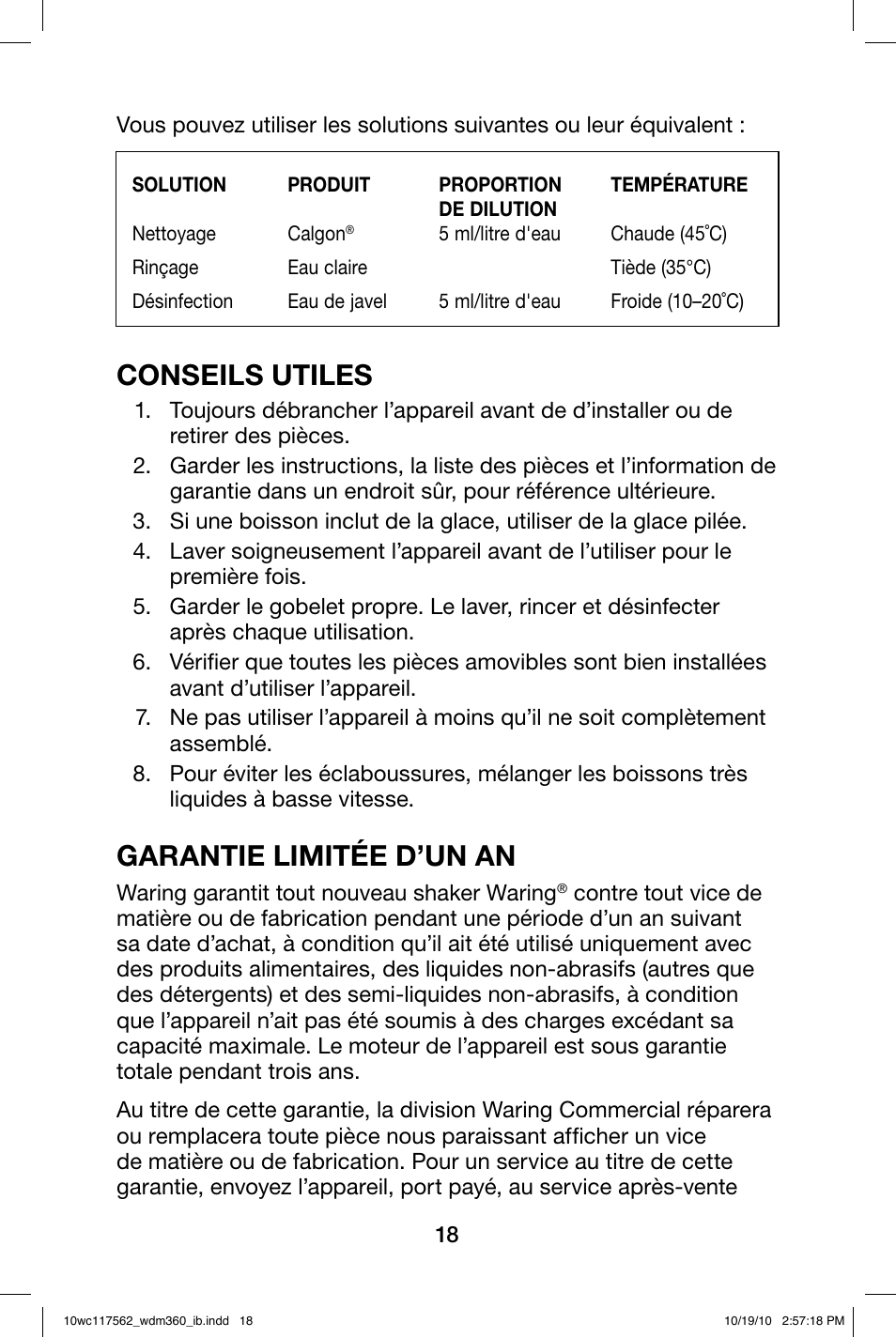 Conseils utiles, Garantie limitée d’un an | Waring WDM360 User Manual | Page 18 / 20