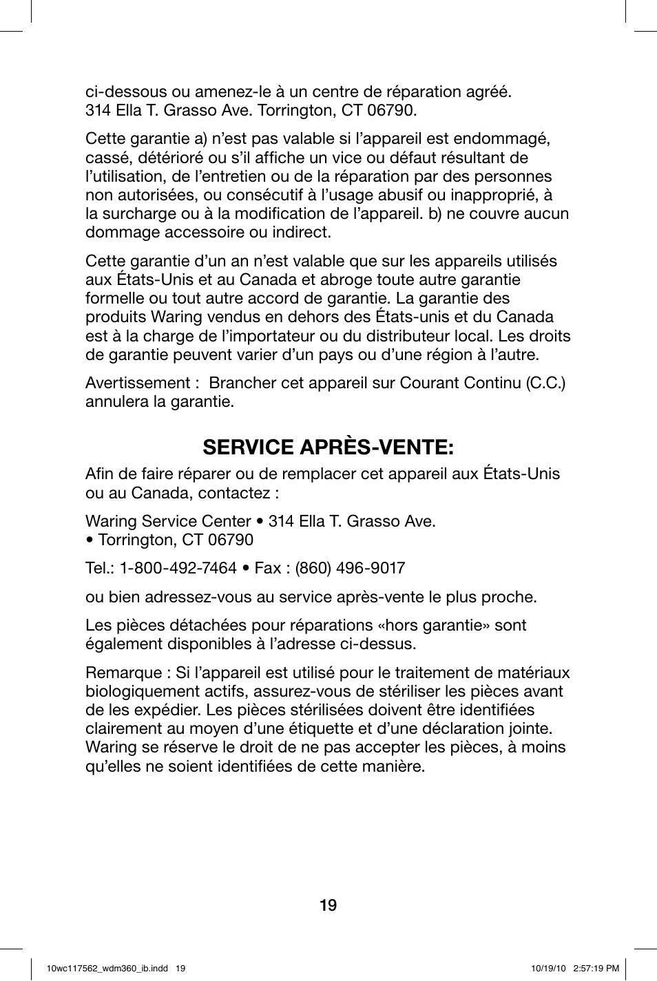 Service après-vente | Waring WDM360 User Manual | Page 19 / 20