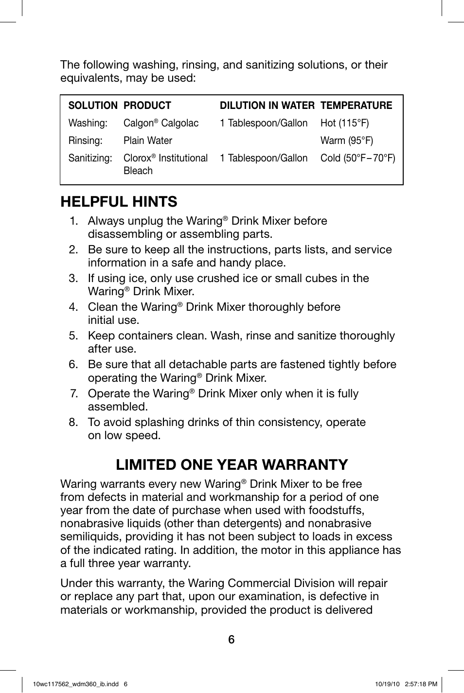 Helpful hints, Limited one year warranty | Waring WDM360 User Manual | Page 6 / 20
