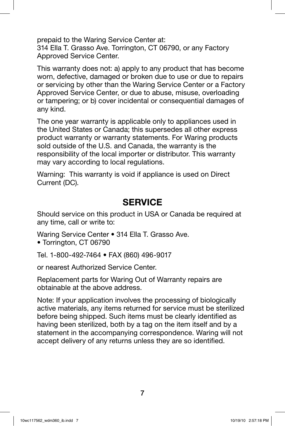 Service | Waring WDM360 User Manual | Page 7 / 20