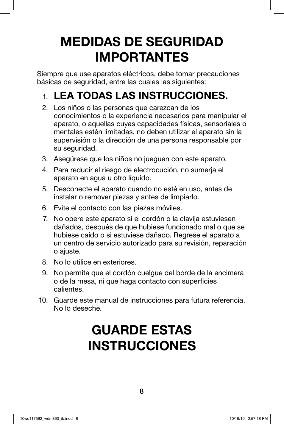 Medidas de seguridad importantes, Guarde estas instrucciones, Lea todas las instrucciones | Waring WDM360 User Manual | Page 8 / 20