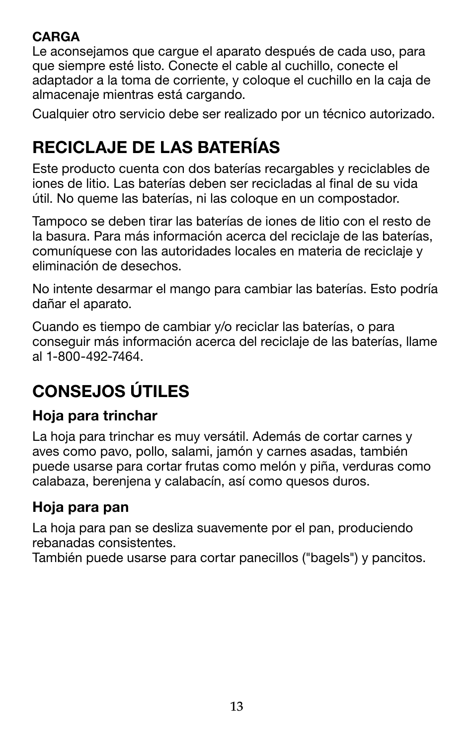 Reciclaje de las baterías, Consejos útiles | Waring WEK200 User Manual | Page 13 / 20