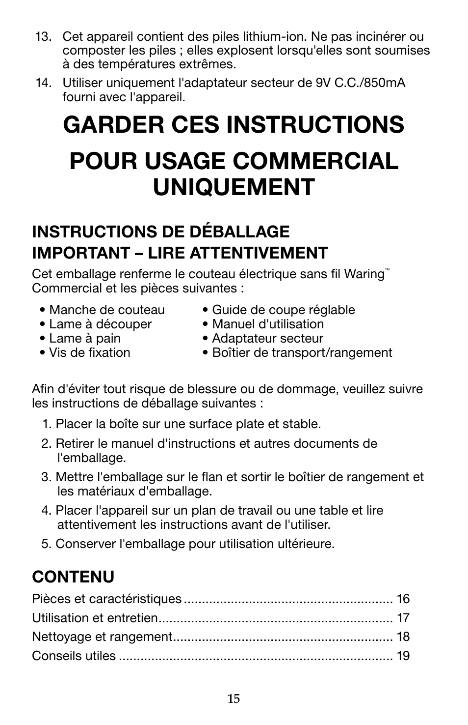 Contenu | Waring WEK200 User Manual | Page 15 / 20