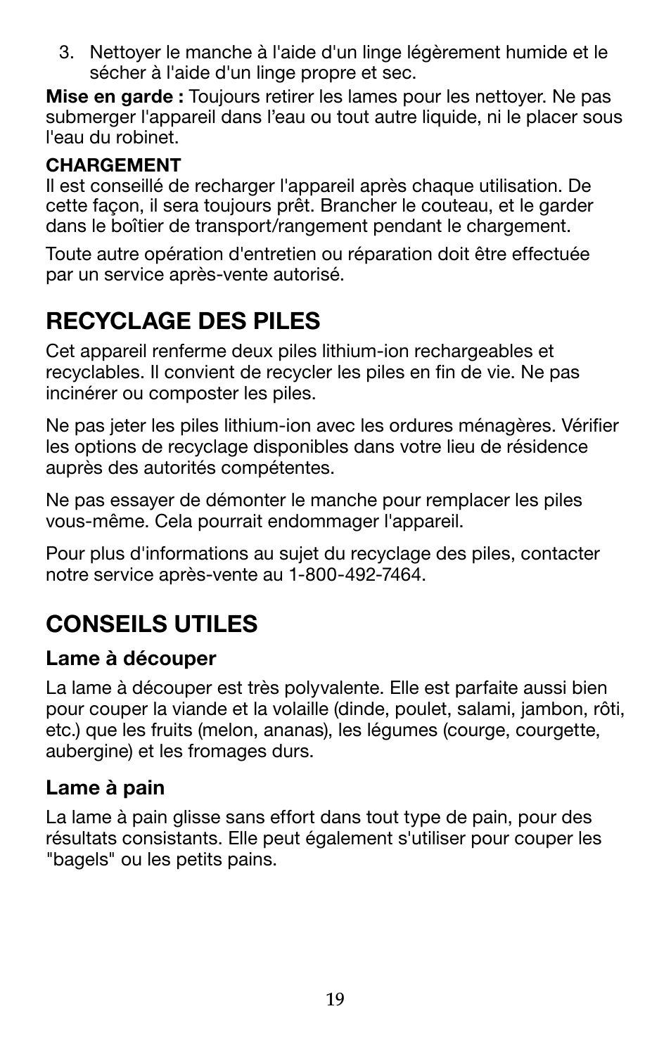 Recyclage des piles, Conseils utiles | Waring WEK200 User Manual | Page 19 / 20