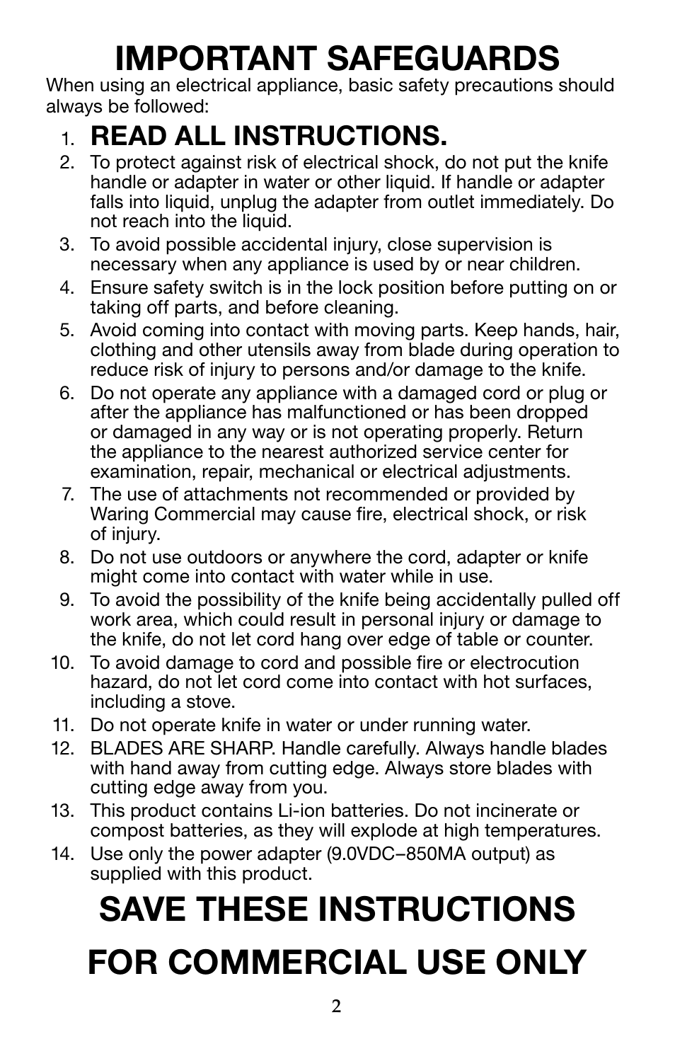 Important safeguards, Save these instructions for commercial use only, Read all instructions | Waring WEK200 User Manual | Page 2 / 20