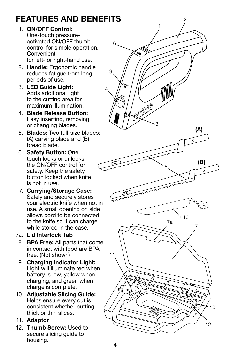 Features and benefits | Waring WEK200 User Manual | Page 4 / 20