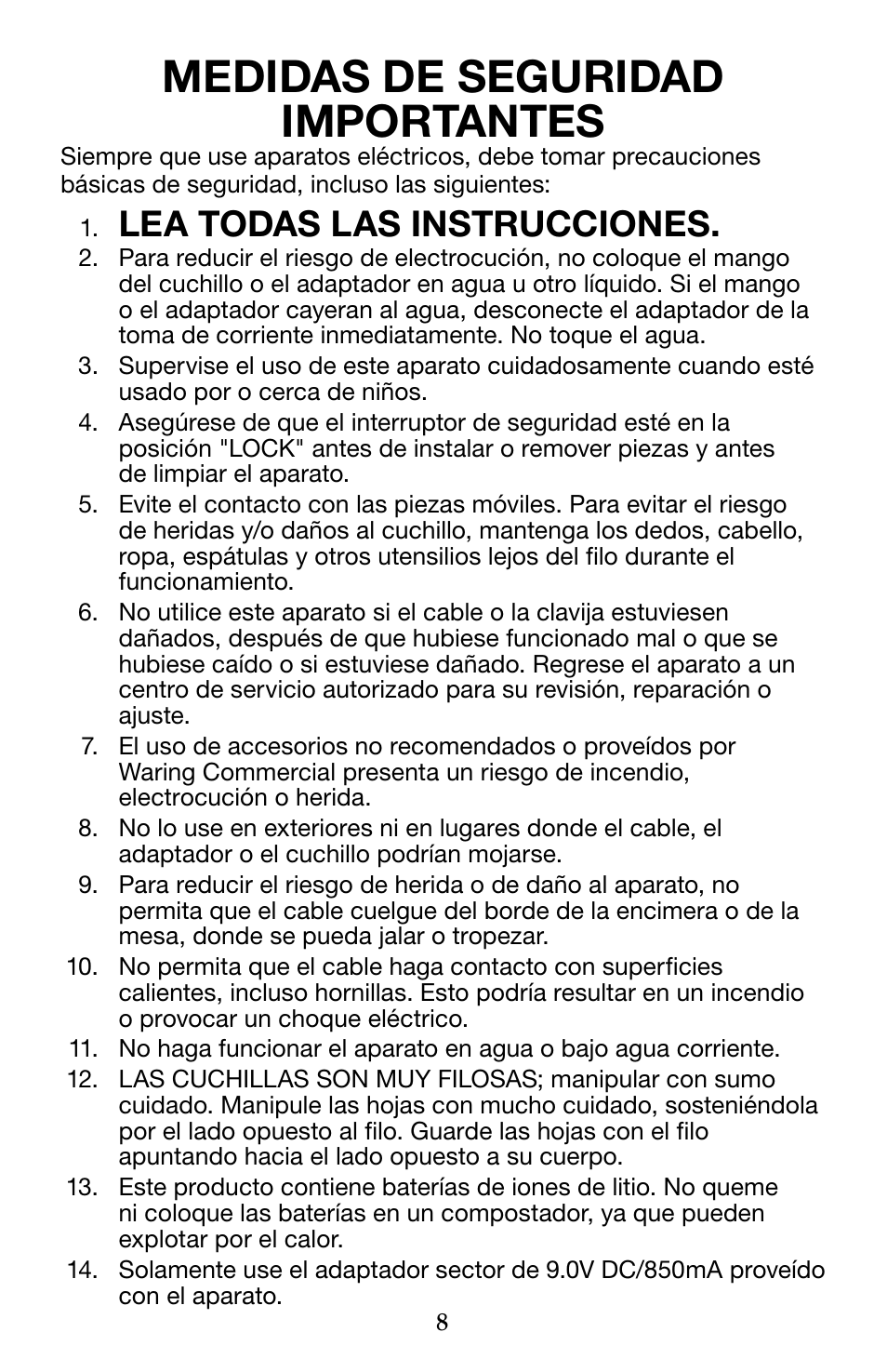 Medidas de seguridad importantes, Lea todas las instrucciones | Waring WEK200 User Manual | Page 8 / 20