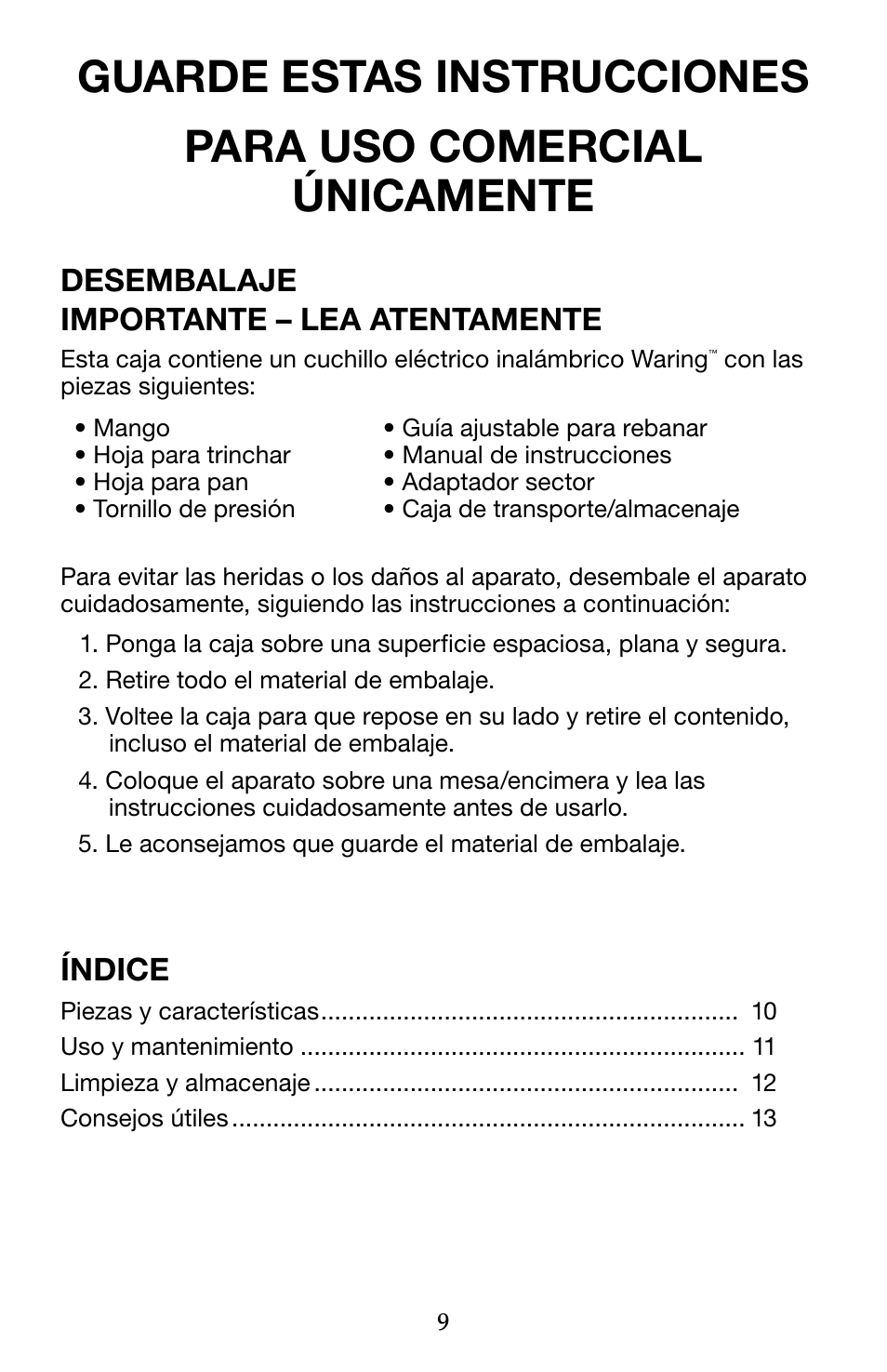 Desembalaje importante – lea atentamente, Índice | Waring WEK200 User Manual | Page 9 / 20