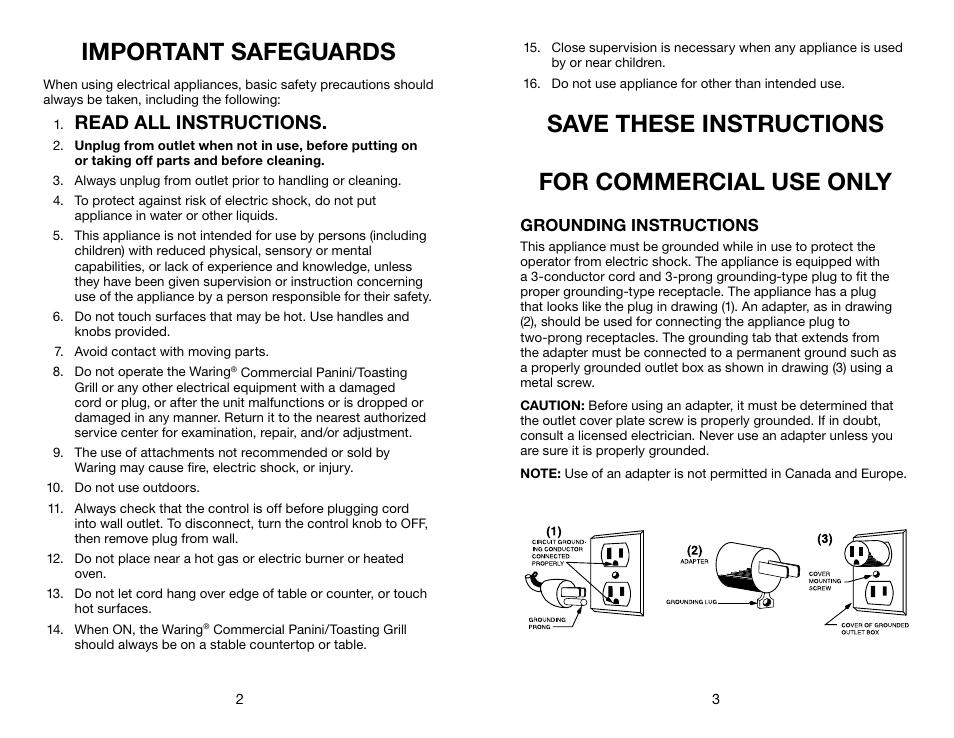 Important safeguards, Save these instructions for commercial use only, Read all instructions | Waring WFG275 User Manual | Page 2 / 11