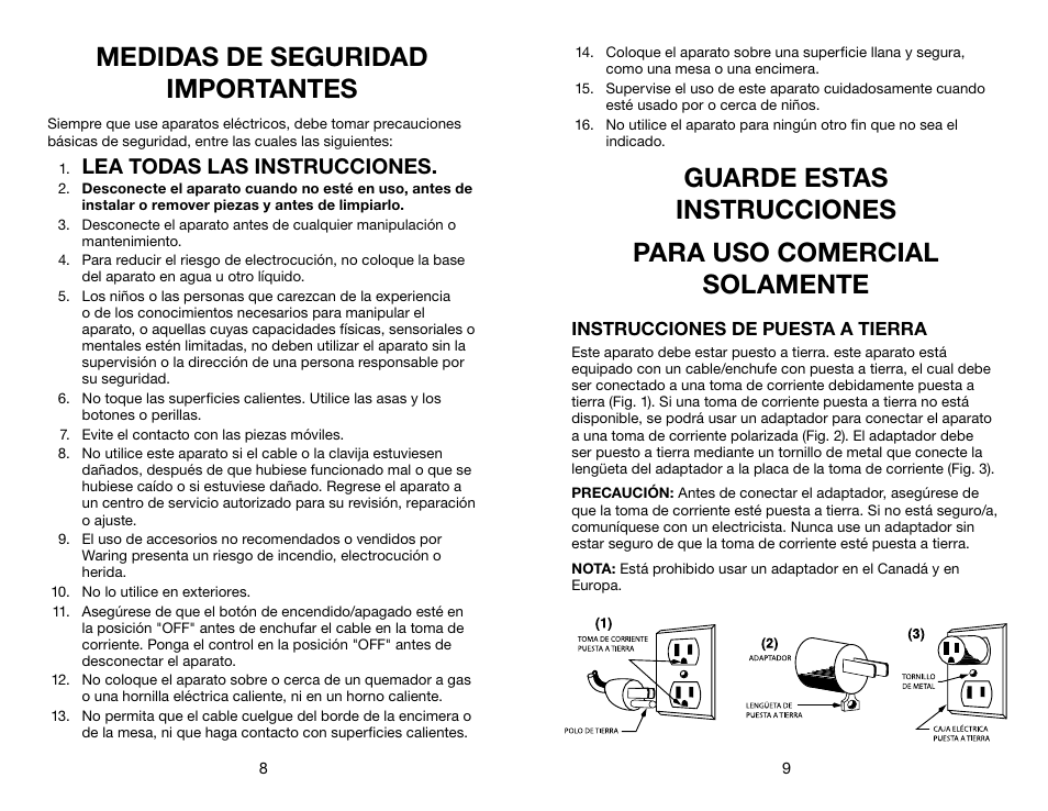 Medidas de seguridad importantes, Lea todas las instrucciones | Waring WFG275 User Manual | Page 5 / 11