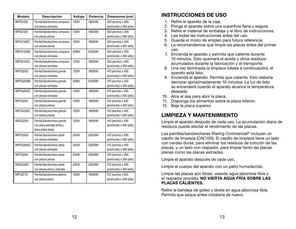 Instrucciones de uso, Limpieza y mantenimiento | Waring WFG275 User Manual | Page 7 / 11