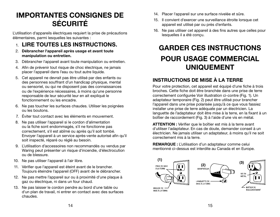 Importantes consignes de sécurité, Lire toutes les instructions | Waring WFG275 User Manual | Page 8 / 11
