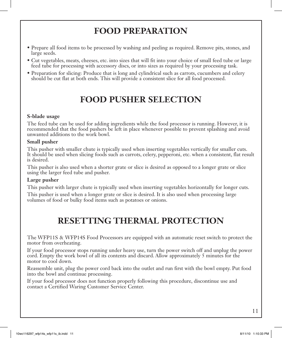 Food preparation, Food pusher selection, Resetting thermal protection | Waring WFP14S User Manual | Page 11 / 56