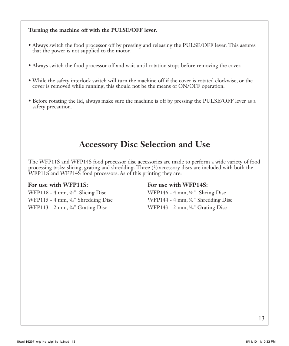 Accessory disc selection and use, For use with wfp11s, For use with wfp14s | Waring WFP14S User Manual | Page 13 / 56