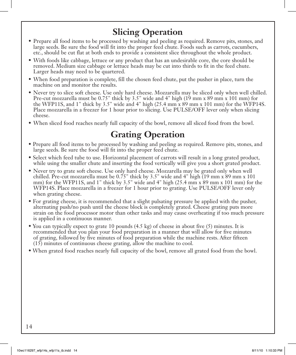 Slicing operation, Grating operation | Waring WFP14S User Manual | Page 14 / 56