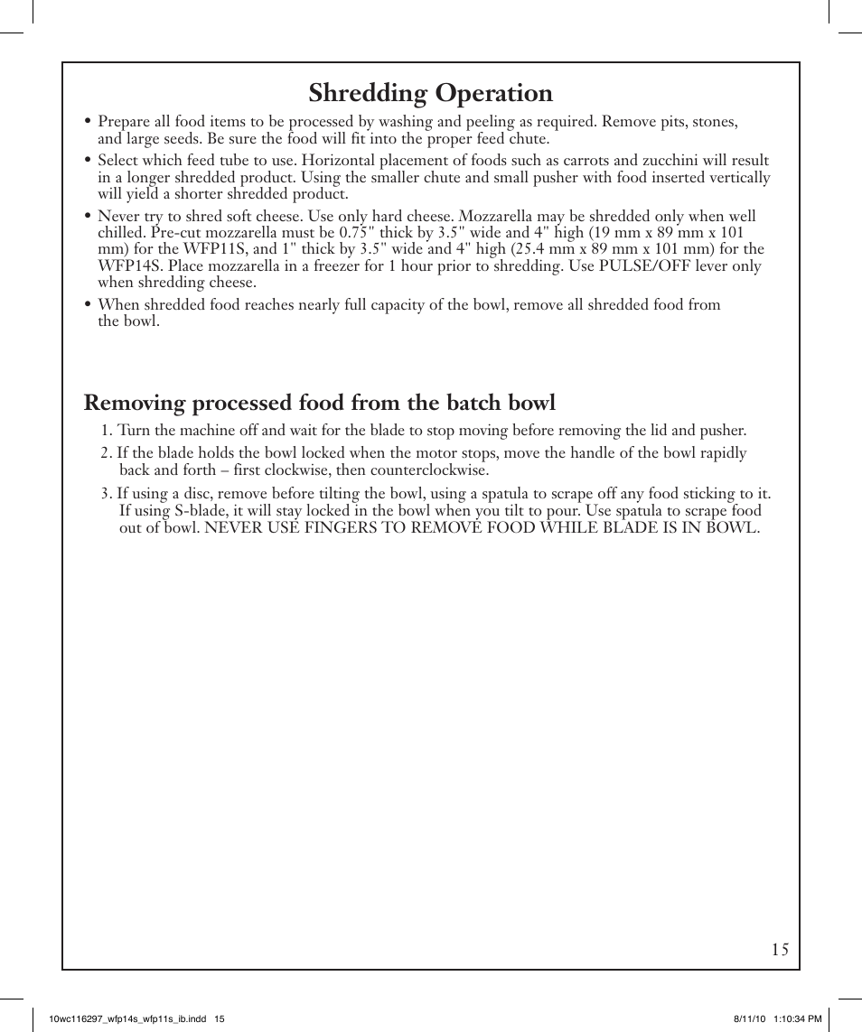 Shredding operation, Removing processed food from the batch bowl | Waring WFP14S User Manual | Page 15 / 56